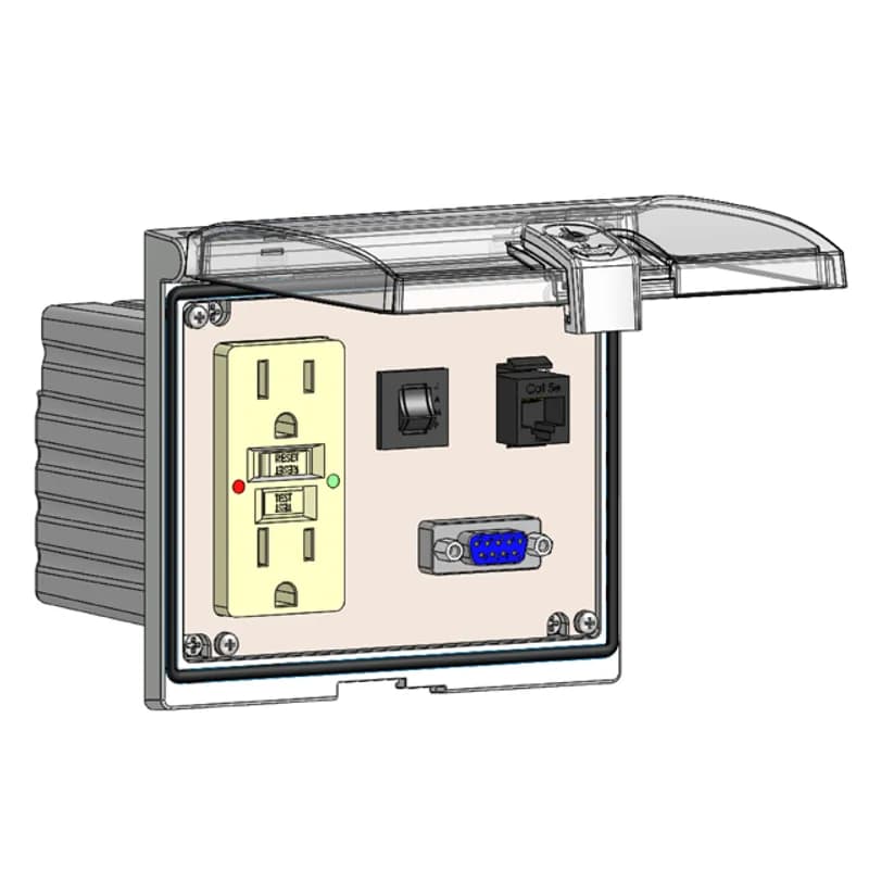 Low Profile Panel Interface Connector with GFCI outlet, DB9, RJ45, a 3amp reset in a Double Cover Housing