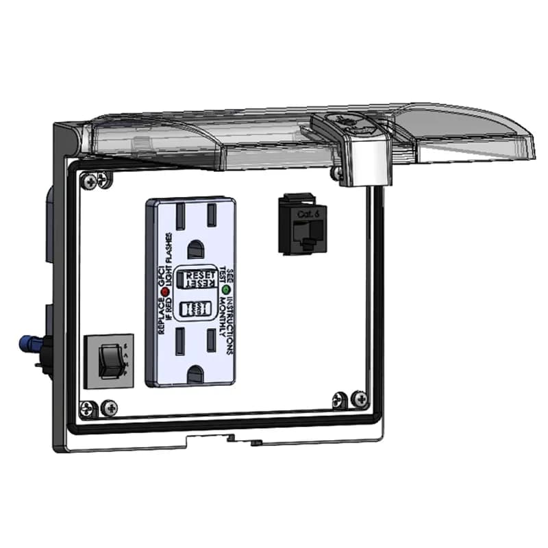 Mencom Corporation LP3-GFDP1-RJ45-5R - Low Profile Panel Interface Connector with GFCI Duplex Outlet Outside and Simplex Outlet inside, RJ45, and a 5amp reset, in a Double Cover Housing