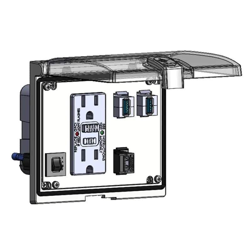 Low Profile Panel Interface Connector with GFCI Duplex Outlet Outside and Simplex Outlet inside, HDMI, 2 x USB Style A female to Style A female , a 5amp reset in a Double Cover Housing