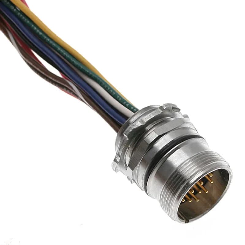 MCV, M23 Receptacle, 12 Pole, Male Straight, Discrete, 1M, 6A, 1/2" NPT, Front Mount, Nickel Plated Brass