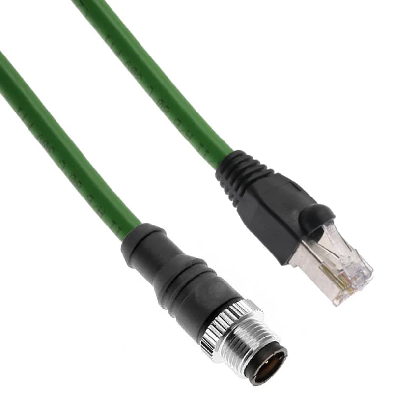 Profinet, Cordset, Shielded to both ends, 4 Pole, M12 D-Coded Male Straight (IP69) / RJ45 Plug (IP20), 2 Meters, 22awg, 4A, Green, PVC, Nickel Plated Brass