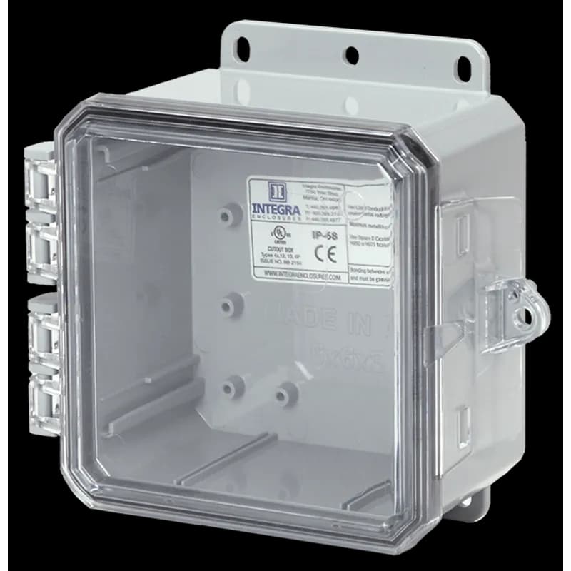 6x6x3 Polycarbonate Enclosure NEMA 6P | Standard Hinge | Clear Lid | Integrated Locking Latch | Intergrated Mounting Flange