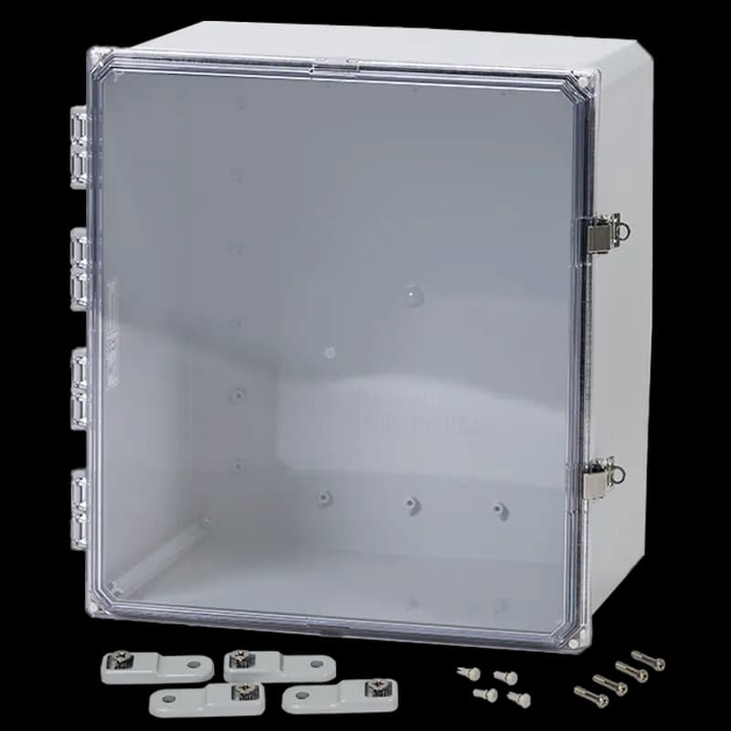 18x16x8 Polycarbonate Enclosure NEMA 4X | Hinged Clear Cover | Stainless Steel Locking Latch | Mounting Feet
