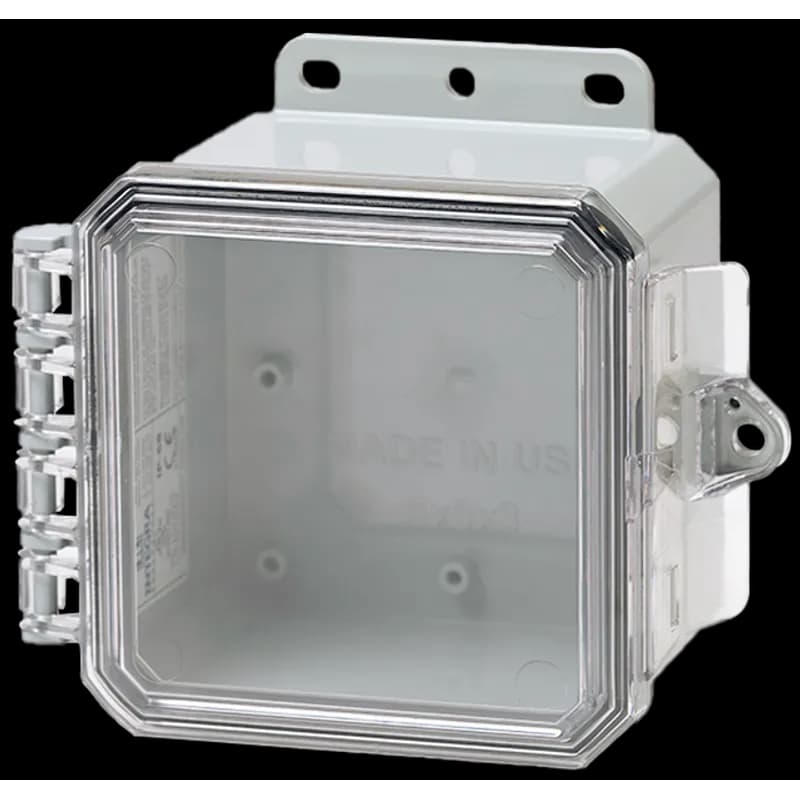 5x5x3 Polycarbonate Enclosure NEMA 6P | Standard Hinge | Clear Lid | Integrated Locking Latch | Intergrated Mounting Flange
