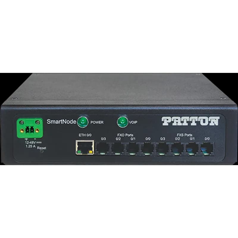 SmartNode Industrial VoIP Gateway, 2 FXS, 2 FXO, 4 VoIP Calls, eSBC upgradeable (SIP b2b UA max. 200 SIP calls), Optional SIP-TLS/SRTP; Transcoding (max. 4 calls), 2x Gig Ethernet, Power - Internal   +12 to +48 VDC