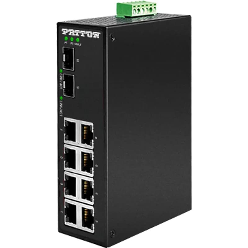 Un-Managed Industrial Gigabit Ethernet Switch;  8 x 10/100/1000 (RJ45); 2 x GigE SFP, -40 to 75C; 12-48VDC Input