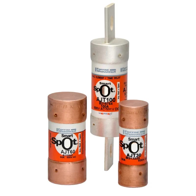 Amp-Trap 2000 time-delay AJT fuses provide IEC Type "2" (No Damage) protection to main, feeder, and branch-circuits, for all types of loads - yet, they require only half the mounting space needed for 600V UL Class RK fuses. Time-delay characteristics handle motor in-rush currents without nuisance trips. Its current-limiting ability and wide range of ratings provide excellent overcurrent protection for all your applications. An optional mechanical blown fuse indicator and Microswitch is available on blade-type (70 to 600A) fuses for visual and/or remote blown fuse indication. 600 Volts 2.5 amps .