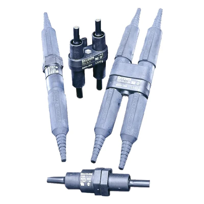 Mersen's complete line of single and dual pole in-line fuseholders with integral neutral link. The fuseholders are designed for quick installation. Securing nuts or screws are captive thus speeding installation by reducing the need to locate and assemble loose components in the field. Three internal O-rings per pole seal the fuseholder providing a water-resistant compartment for the fuse. The captive O-rings are colored (blue for single pole and red for dual pole) for quick detection. Optional cone shaped insulator boots can be slipped on to provide a watertight seal (breakaway versions come with boots standard). Both single and dual pole versions have an optional breakaway feature which safely disconnects the load in case of a pole knockdown. Fuses remain safely encapsulated within the watertight fuse holder on the load side. Once the pole has been reinstalled the fuseholder can be easily reconnected. 600 Volts 30 Amps 2 pole 81-81 B1 series.