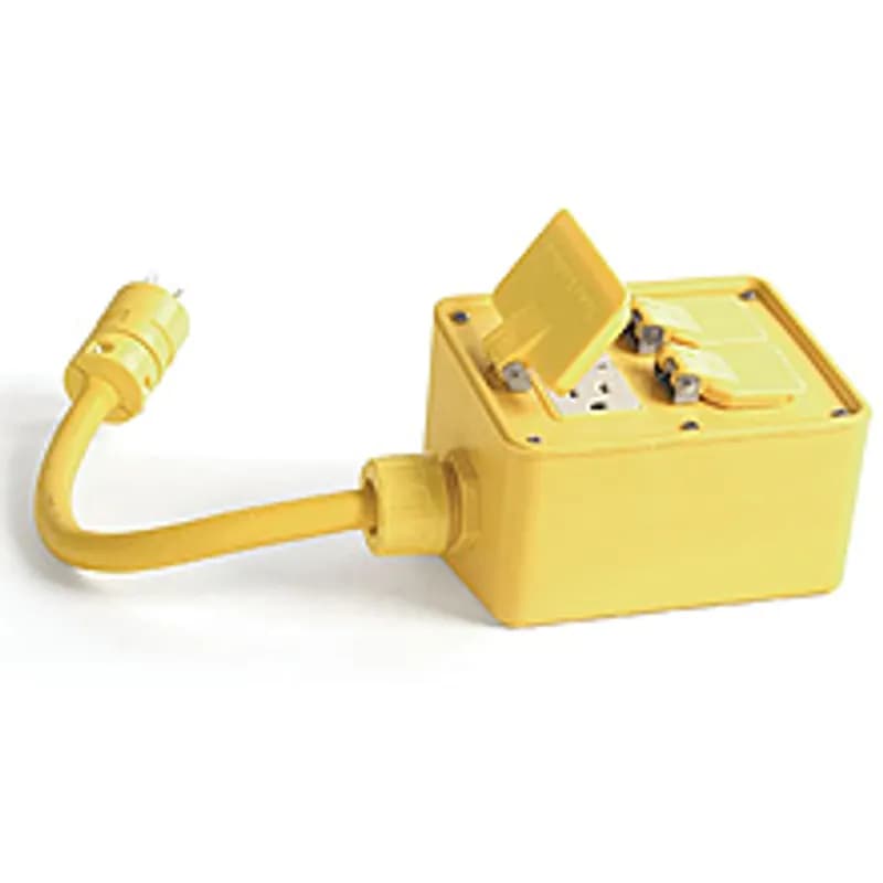 Super-Safeway® Angled GFCI Outlet Box, Feed-Thru, F3 (3/4") Cord Grip Body, Including NEMA 5-20 GFCI & Duplex Receptacles with Flip Lids and 1.83m (6.0' ) Cord Length, 12/3 SOOW Cord