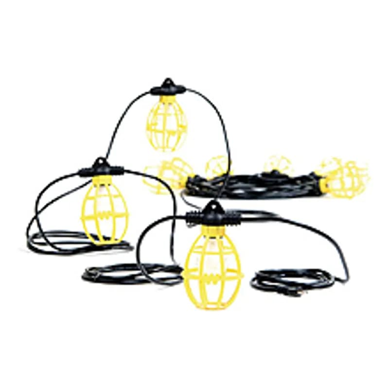Safety Yellow® Molded Stringlight, 200W, 14/2 SJTW with 2.43m Lead 10 Sockets Guards Lamp-it-in-the-Box, Overall Length 30.48m (100.0' )