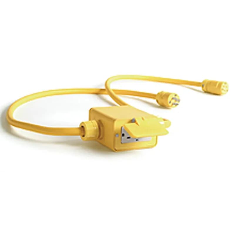 Super-Safeway® Multiple Outlet Box, Extended Depth, 2-Sided, Feed-Thru F3 (3/4"), (1) NEMA 5-15 GFCI Receptacles with Flip Lid, Open Neutral Relay, Top-of-Box GCM, 0.91m 12/3 SOOW Cord on Both sides, 5-15 Plug & Conn.