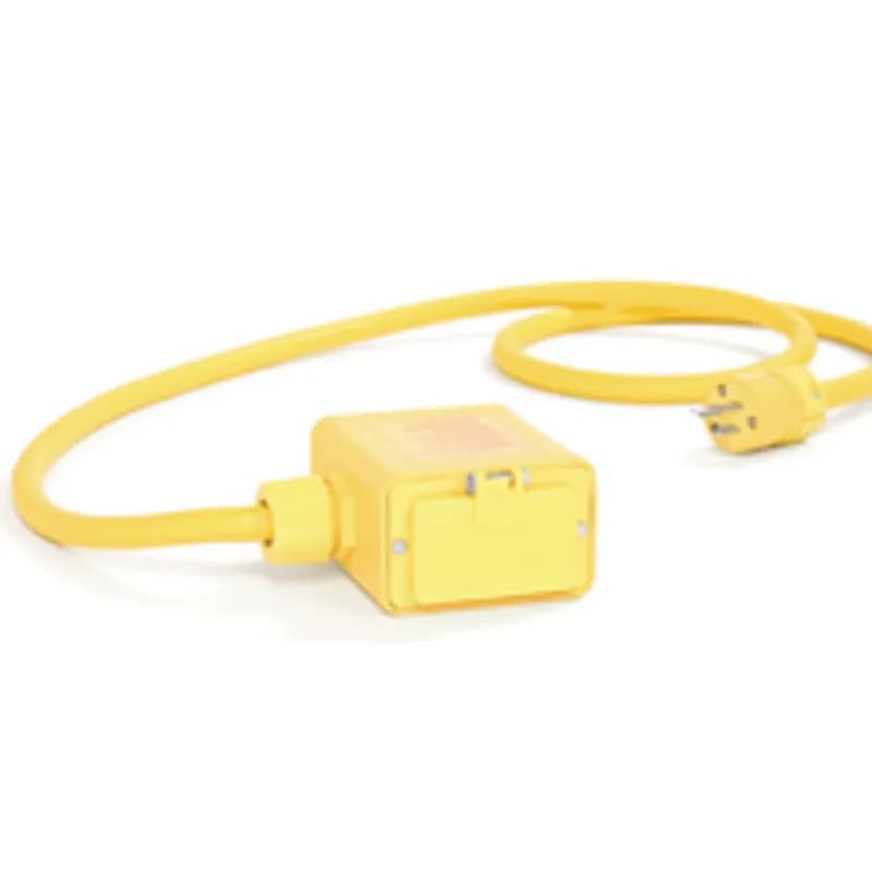 Super-Safeway® Multiple Outlet Box, Extended Depth, 2-Sided, (1) NEMA 5-15 GFCI Receptacles with Flip Lid, Open Neutral Relay, Top-of-Box GCM, 0.91m 12/3 SOOW Cord on Both sides, 5-15 Plug & Conn