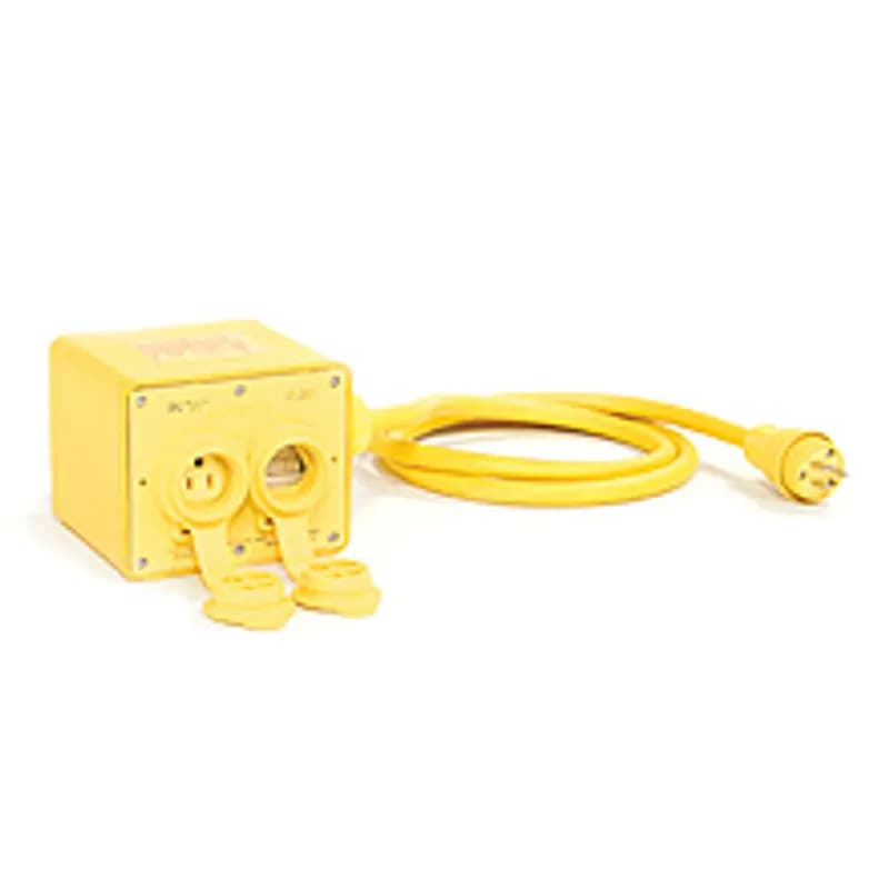 Super-Safeway® GFCI Multiple Outlet Box, Open Neutral Relay, (2) NEMA 5-20 Single with Flip Lids, 7.62m (25.0' ) Cord Length, 12/3 SOOW Cord, NEMA 5-20 Plug