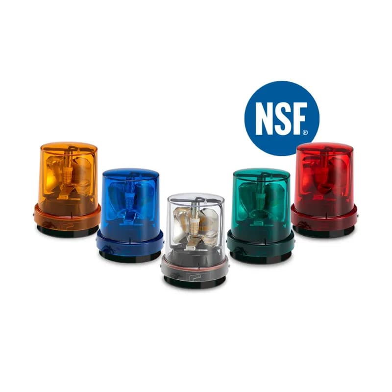 NSF Sanitation Rotating LED Light, 24VDC, Clear - Five colors: Amber, Blue, Clear, Green and Red. 25,000 hour LED. Integrated 1/2-inch NPT pipe and surface mount (dome up). Indoor/outdoor use. Easy to clean and sanitize. Smooth body and elliptical dome. No horizontal flat surfaces. No exposed fasteners or threads. Fully gasketed and sealed. Resists water and dust accumulation. Meets NSF material standards for Splash and Non-Food Zones. Type 4X, IP66 enclosure. IP69K compliant. NSF Certified. UL and cUL Listed.