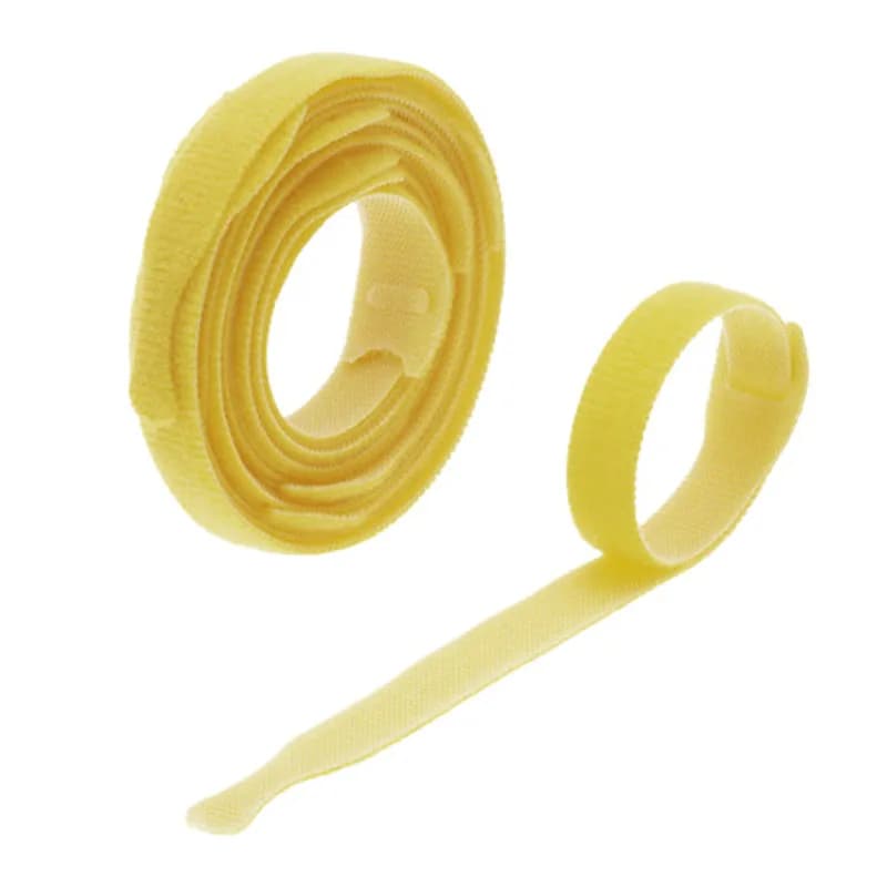 12-in Yellow hook and loop fastener Cable Ties - 20 Pieces hook and loop fastener Cable Ties offer a unique back-to-back fastening system: a self-gripping, double-sided strap that is easy to use and cost effective. They feature a molded high performance polyethylene hook fastener laminated on to a non-woven polyester loop. The low peel strength allows for easy entry or removal by the user yet the average shear strength is 3.0 psi, which increases substantially with each circular rotation. Will not over-cinch delicate cable and fiber optics. For use with cord and cable management, wire harnesses, inventory control, fibre optics, packaging, in-plant maintenance, etc. Allow for a minimum 2" overlap when installing.