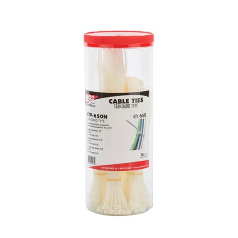 650-Piece Cable Tie Variety Pack - Natural 650-Piece Cable Tie Variety Pack are natural cable ties that come in an assortment of sizes for applications that have a variety of needs. Provided in an air-tight canister to prevent drying, extending life. Made of high-strength Nylon 66 that resists abrasion and chemicals such as common oils, greases, solvents, dilute acids and alkalines. They are fungus-resistant, self-extinguishing and have excellent dielectric properties.