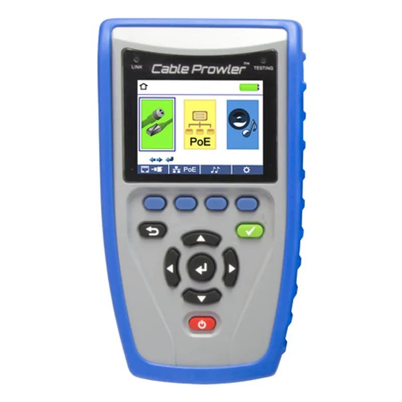 The Cable Prowler Tester combines network testing (physical layer and link), cable verification & troubleshooting and PoE voltage testing in a handheld tester with a full-color display; all with the capability of saving and printing tests results from a personal computer. It provides full cable testing on any category network, coax, or telephone cable. It will display wire map, numbered ID remotes, and any faults, including shorts, opens, miswires, split pairs, and reverses, The full-featured Cable Prowler measures cable length (using TDR technology) and generates tone levels for signal tracing and cable identification on all pairs, a selected pair, or a selected pin. It also enables quick identification of a network drops link capability and current link status. Cable Prowler also tests the presence of PoE on the network drop and what class of PoE per IEEE 802.3 af/at with load test for voltage drop. Stored in a nylon hanging pouch and includes: Cable ProwlerÃ¢â€žÂ¢ main unit, #1 Network/Telcom Cable Tester Smart Remote, Set #1-5 Network ID Only Remotes & Coax ID Only Remotes, No-Fault Cable RJ12, Micro USB Cables, 1 F Female to F Female Adapter, Quick Start Guide & Warranty Card