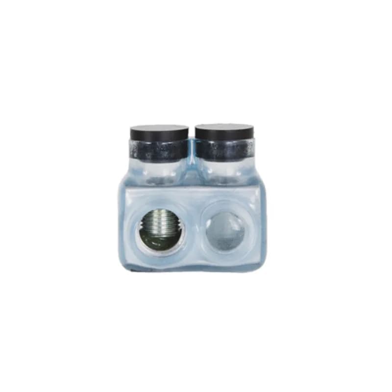 The Polaris ITO-3/0CB Multi-Tap Offset Dual-Side Entry Vision Tap Connector features 2 ports sized for 3/0 - 6 AWG wires. The clear body allows users to see their conductor placement and is wrapped in a layer of plastisol insulation. Each port is pre-loaded with an oxide inhibitor, with removable access plugs over the hex screws used to tighten the connections. Installs with a hex key and torque wrench, without any tape or additional supplies, and comes packaged in a clear plastic bag with a mounting hole for hanging in retail displays. Designed for use in a wide range of splicing applications, including installation in cable trays, panel boards, ducts, raceways or troughs.