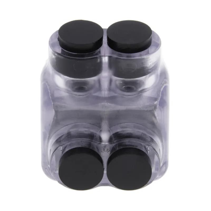 The Polaris ITD-4CB Multi-Tap Dual-Sided Entry Vision Tap Connector features 2 ports sized for 4 - 14 AWG wires. The clear body allows users to see their conductor placement and is wrapped in a layer of plastisol insulation. Each dual-sided port is pre-loaded with an oxide inhibitor, with removable access plugs over the hex screws used to tighten the connections. Installs with a hex key and torque wrench, without any tape or additional supplies. Designed for use in a wide range of splicing applications, including installation in cable trays, panel boards, ducts, raceways or troughs.