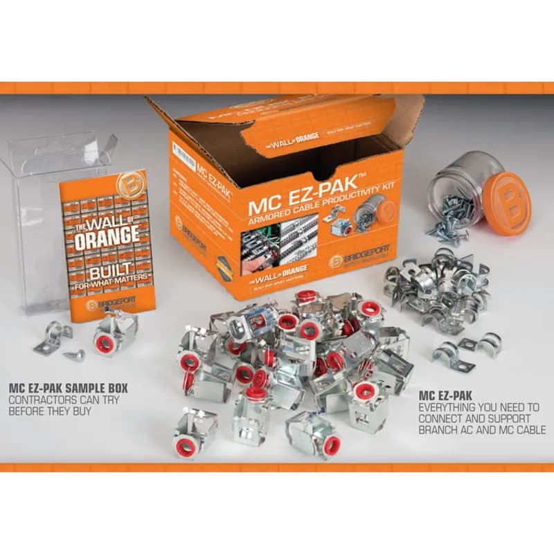 Each unit contains (25) E-Z Lock AMC-50QI Cable Connectors, (25) US-4461 Universal Straps, and (30) 3/4" Wafer Head Screws.