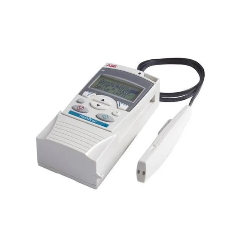 ABB - Low Voltage Drives MFDT-01 - FlashDrop is a powerful palm sized tool for fast and easy parameter selecting and setting. It gives the possibility to hide selected parameters to protect the machine. Only the parameters needed in the application are shown. The tool can copy parameters between two drives or between a PC and a drive. Includes DrivePM (Drive Parameter Manager) which is a software tool to create, edit, and copy parameter sets for FlashDrop. The parameter sets can consist of all parameters (incl. motor parameters and ID run results) or only a set of the user parameters.