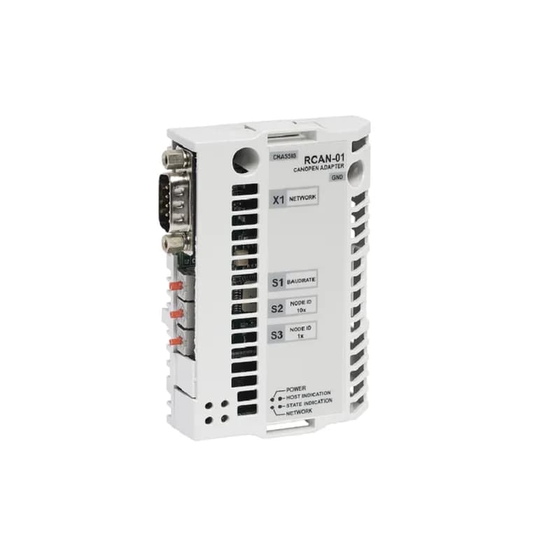 CANopen is a higher layer protocol based on the CAN (Control Area Network) serial bus system and the CAL (CAN Application Layer).  CANopen assumes that the hardware of the connected device has a CAN transceiver and a CAN controller as specified in ISO 11898.The CANopen Communication Profile, CiA DS 301, includes both cyclic and event driven communication, which makes it possible to reduce the bus load to minimum while still maintaining extremely short reaction times. High communication performance can be achieved at relatively low baud rates, thus reducing EMC problems and cable costs.  CANopen device profiles define both direct access to drive parameter and time critical process data communication. The RCAN-01 module fulfills Cia (CAN in Automation) standard DSP 402 (Drives and Motion Control).