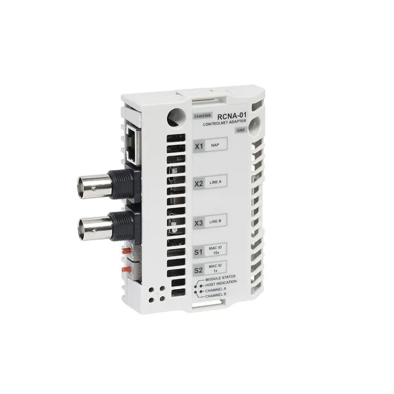 ABB - Low Voltage Drives RCNA-01-KIT - The ControlNet network uses a RG-6 quad shielded cable or fiber with support for media redundancy. The RCNA-01 Adapter module supports only RG-6 quad shielded cable (coax) for the bus connection. ControlNet is flexible in topology options (bus, tree, star) to meet various application needs. The fieldbus speed is 5 Mbits/s.  The RCNA-01 ControlNet Adapter module can not originate connections on its own, but a scanner node can open a connection towards it. The ControlNet protocol is implemented according to the ControlNet international specification for a Communication adapter.