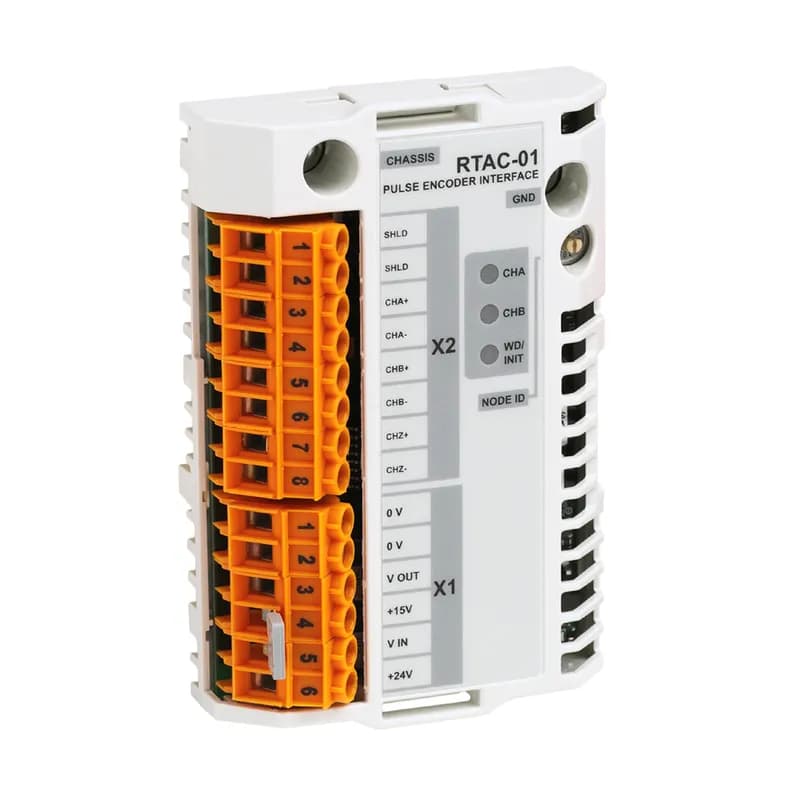 ABB - Low Voltage Drives RTAC-01-KIT - The Pulse Encoder Interface module offers a differential or single ended interface for a digital pulse encoder. The module is capable of operating from either a 15 or 24VDC signal with a max frequency of 200kHz.  This option uses 55 mA of the available 250 mA power supply.  When the drive’s internal power supply is used to power the encoder, additional options may not be installed.  Check the encoder’s power supply requirements prior to installation.