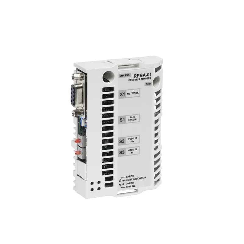 ABB - Low Voltage Drives RPBA-01-KIT - ProfiBus is an open serial communication standard that enables data exchange between automation components. The transmission medium of the bus is a twisted pair cable (according to RS-485 standard). The maximum length of the bus cable is 100 to 1200 meters, depending on the transmission rate. Up to 31 stations can be connected to the same ProfiBus system without use of repeaters.