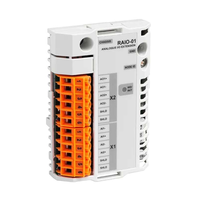 The analog I/O extension module offers two unipolar current (0(4) to 20 mA) or bipolar voltage (+/-0(2) to 0 V or +/-0 to 2 V) inputs and two unipolar current (0(4)-20 mA) outputs. Analog unipolar inputs are 12 bit resolution. Bipolar inputs are 11 bit resolution. Analog outputs are 12 bit resolution. The analog inputs and outputs are galvanically isolated as a group, from each other and the power supply.