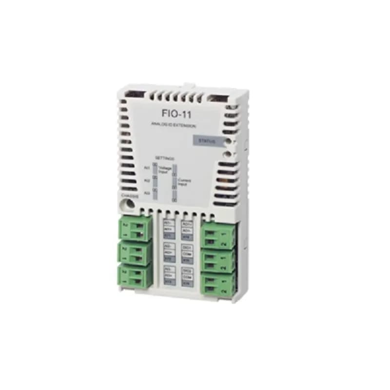 Analog I/O extension module FIO-11 has three bi-polar current (-20 to +20 mA) or bi-polar voltage (-10 to +10 V) inputs and one uni-polar current (0(4) to 20 mA) output. It also has two 24 VDC digital input/outputs (configurable either as a 50 mA source or 50 mA sink). Analog inputs are 16 bit resolution, outputs are 12 bit. Analog and digital I/O are galvanically isolated as a group, from each other and from the power supply.