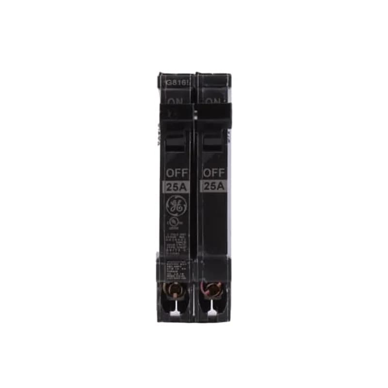 THQP breakers are a smaller, smarter solution for today's cost- and quality-conscious contractors and homeowners. Half the width and identical in design in comparison to standard breakers, they allow use of smaller load centers and for maximum savings of space and money. GE is the only manufacturer that gives you this cost advantage without sacrificing flexibility. The THQP225 breaker features a 1/2" width, 2 pole, an ampere rating of 25 A, an interrupting rating of 10kAIC, and a voltage rating of 120/240V.