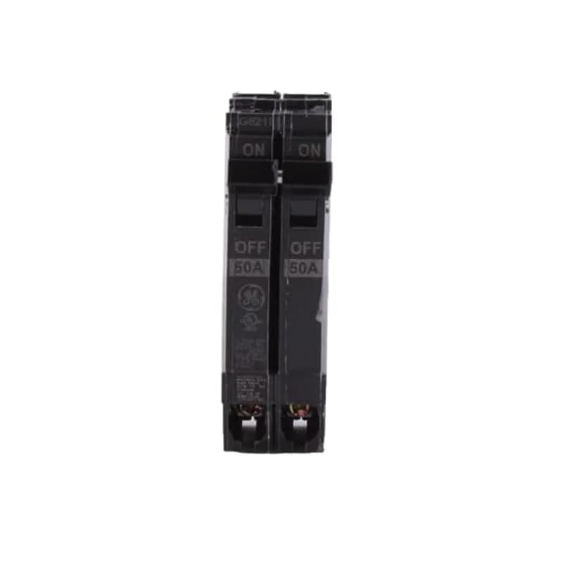 THQP breakers are a smaller, smarter solution for today's cost- and quality-conscious contractors and homeowners. Half the width and identical in design in comparison to standard breakers, they allow use of smaller load centers and for maximum savings of space and money. GE is the only manufacturer that gives you this cost advantage without sacrificing flexibility. The THQP250 breaker features a 1/2" width, 2 pole, an ampere rating of 15 A, an interrupting rating of 10kAIC, and a voltage rating of 120/240V.