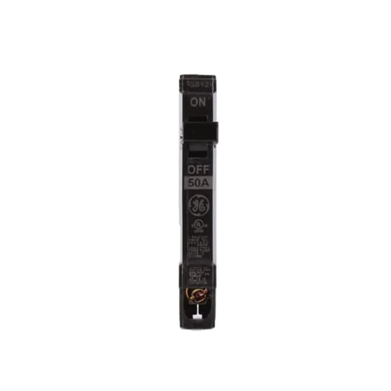 THQP breakers are a smaller, smarter solution for today's cost- and quality-conscious contractors and homeowners. Half the width and identical in design in comparison to standard breakers, they allow use of smaller load centers and for maximum savings of space and money. GE is the only manufacturer that gives you this cost advantage without sacrificing flexibility. The THQP150 breaker features a 1/2" width, 1 pole, an ampere rating of 50 A, an interrupting rating of 10kAIC, and a voltage rating of 120/240V.
