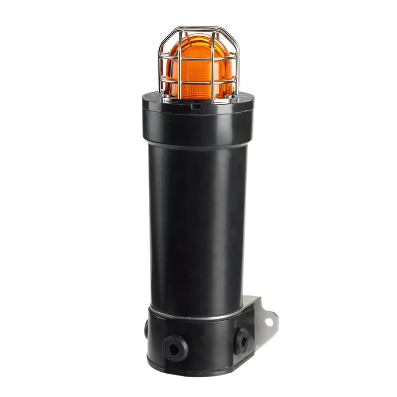 Flameproof GRP Strobe Light, 5-Joule Output, D Construction, 24-48VDC, Amber - Available in 10, 15 and 21 Joule units. Seven lens colors: Amber, Blue, Clear, Green, Magenta, Red and Yellow. 316 stainless steel mounting bracket included. Available voltages (±15 percent): 15J units 24-48VDC, 10J/21J units 110VAC, 10J/21J units 220VAC. Corrosion-resistant GRP (Glass Reinforced Polyester). Dome guard included. M20 entries standard. Strobe tube life of 10,000 hours. IP66 enclosure. ATEX, IECEx, CE, GOST and INMETRO Certified. Zone rated, IECEx, ATEX: Ex d IIB +H2 T3-T4, Ex de IIB +H2 T3-T4.