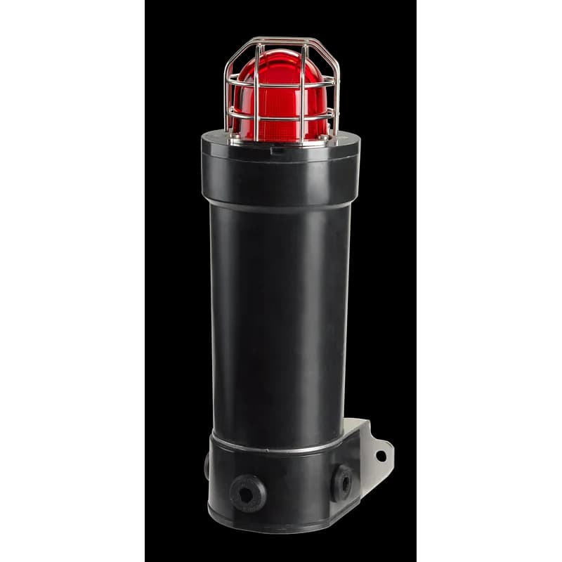 Flameproof GRP Strobe Light, 5-Joule Output, D Construction, 24-48VDC, Red - Available in 10, 15 and 21 Joule units. Seven lens colors: Amber, Blue, Clear, Green, Magenta, Red and Yellow. 316 stainless steel mounting bracket included. Available voltages (±15 percent): 15J units 24-48VDC, 10J/21J units 110VAC, 10J/21J units 220VAC. Corrosion-resistant GRP (Glass Reinforced Polyester). Dome guard included. M20 entries standard. Strobe tube life of 10,000 hours. IP66 enclosure. ATEX, IECEx, CE, GOST and INMETRO Certified. Zone rated, IECEx, ATEX: Ex d IIB +H2 T3-T4, Ex de IIB +H2 T3-T4.