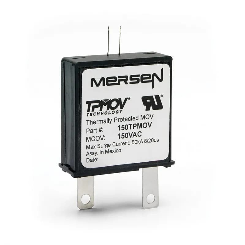 Mersen's patented TPMOV® (Thermally Protected Metal Oxide Varistor ) eliminates common destructive failure modes associated with standard MOVs. Comprised of a voltage clamping device and a disconnecting apparatus that monitors the status of the metal oxide disk inside the TPMOV, the device is securely disconnected in the event of an overvoltage by an arc shield. Upon failure, the TPMOV is also equipped with a visual pin indicator as well as a normally open microswitch providing remote indication, if applicable. 180 Volts Short Leads and HV Micro series.