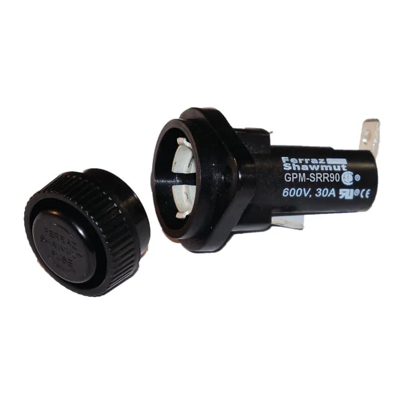 Fuse Block 600VAC 600VDC Class CC 30A 1/4in Quick Connect / Solder 90 angle screw Knob Panel Mount