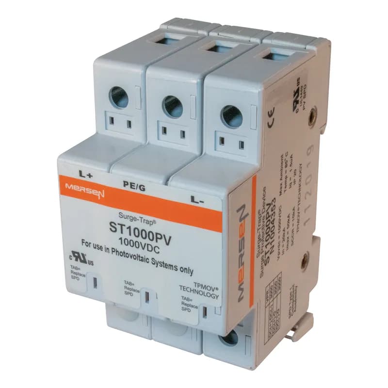 Surge-Trap® Surge Protective Device is a no-fuse surge suppressor. The Surge-Trap is a UL 1449 Third Edition compliant modular style surge protective device that is DIN-rail mountable featuring a fail-safe self-protected design, visual indicator and a small foot print. A remote indicator option provides status to critical control circuit. The Surge-Trap provides advanced overvoltage protection utilizing Mersen's patented TPMOV® technology without additional protection devices. 1000 Volts PV system type .