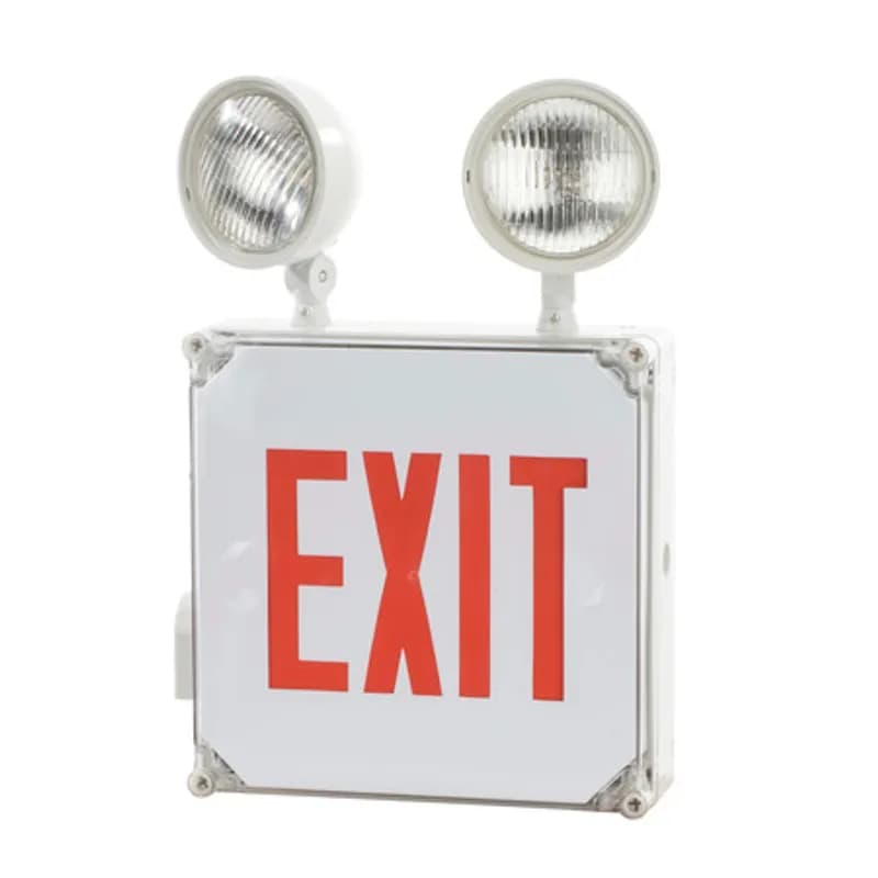 LED/Incandescent Wet Location Exit Light, 120/277V, RED Lettering, White Housing, 2 Light Heads, 6V Battery Backup,