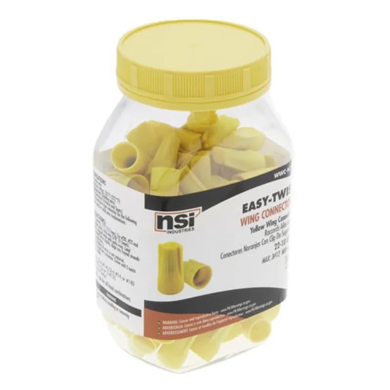 The Easy-Twist WWC-N1-CJ 100-Count Small Jar of N-Type Yellow Wire Connectors are designed for use on copper wires in the 22-10 AWG size range. They’re made of flame-retardant thermoplastic rated for a maximum temperature of 105˚ Celsius (221˚ Fahrenheit). The quick-grip square spring design grips in fewer twists and can dead-end a single wire, while the ergonomic swept-back wing design and ribbed texture makes them easy to twist. Their compact design is useful for applications in tight areas or anywhere else you need to connect wires.
