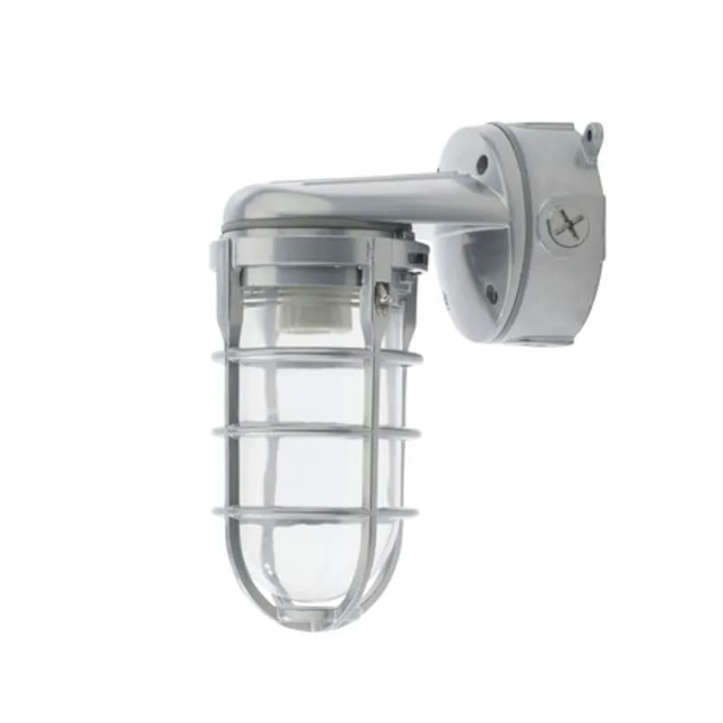 NSI Industries VTW15012 - Heavy Duty, Cast Aluminum, Vaportite 150 Watt wall mount light fixture typically used in well or pit lighting, indicators on docks and in commercial and industrial applications. Includes screw-in, tempered, capsule-shaped glass globe and one piece locking die cast aluminum guard with a gray polyester powder-coated finish.