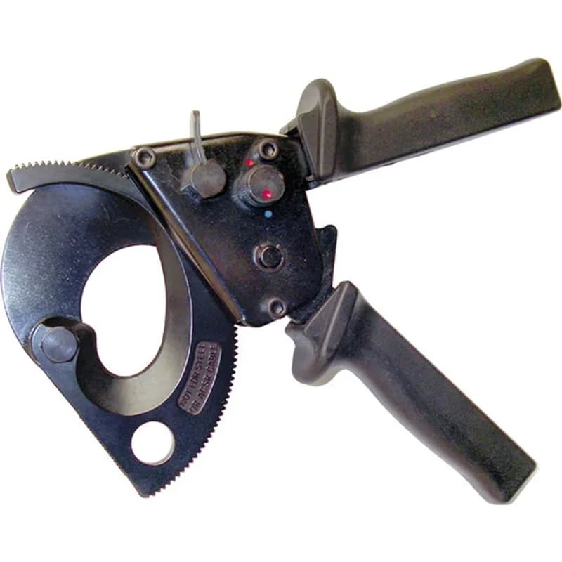 This compact ratcheted cutter is designed for simple one hand operation. Cuts stranded, flexible copper and aluminum cable up to 750 MCM (380mm2 ). The compact design works well in tight workspaces. Both fixed and moving cutting blades are precision ground. The optional fixed handle cutting boot provides stability and increased leverage. Cutting blades are manufactured from high carbon tool steel and heat treated for long life. Rust resistant black oxide finish., 849160001287
