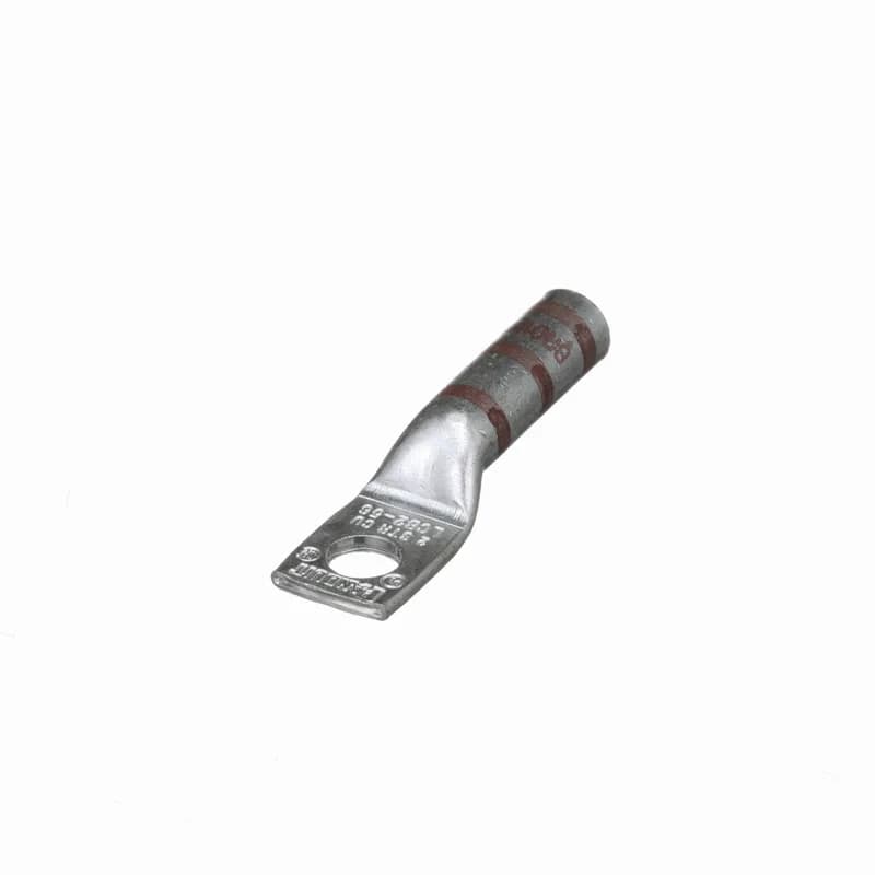 The LCB2-56-Q Tin-Plated Copper Compression Lug, one-hole, long barrel, has color-coded barrels marked with Panduit and specified competitor die index numbers for proper crimp die selection. The long barrel maximizes the number of crimps and provides premium wire pull-out strength and performance. The generously beveled wire entry prevents bent back strands when inserting the conductor into the barrel. UL Listed and CSA Certified.