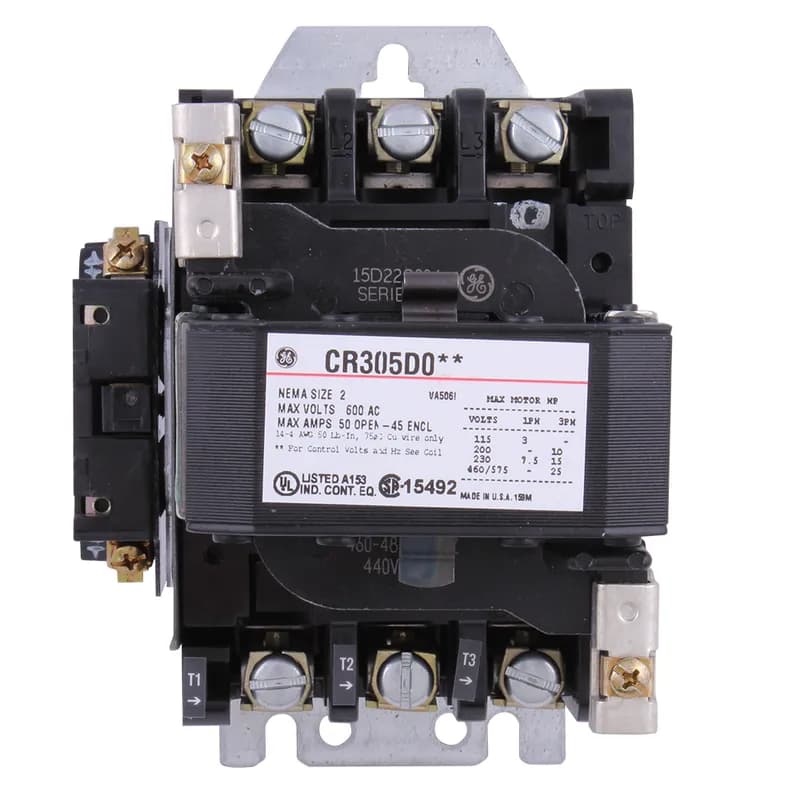 Contactors, NEMA, Full Voltage, Non-Reversing, NEMA Size: 2, Maximum Voltage: 600 VAC, Amp Rating: 45 Amp, Horsepower Rating: 25 @ 460 VAC, Coil Voltage: 460 VAC @ 60 Hz, Enclosure Type: NEMA Type 3R, Dimensions: 7.75 Inch W x 16.5 Inch H x 6.50 Inch D, Features: Supplied with 1 Normally Open Auxiliary Contact