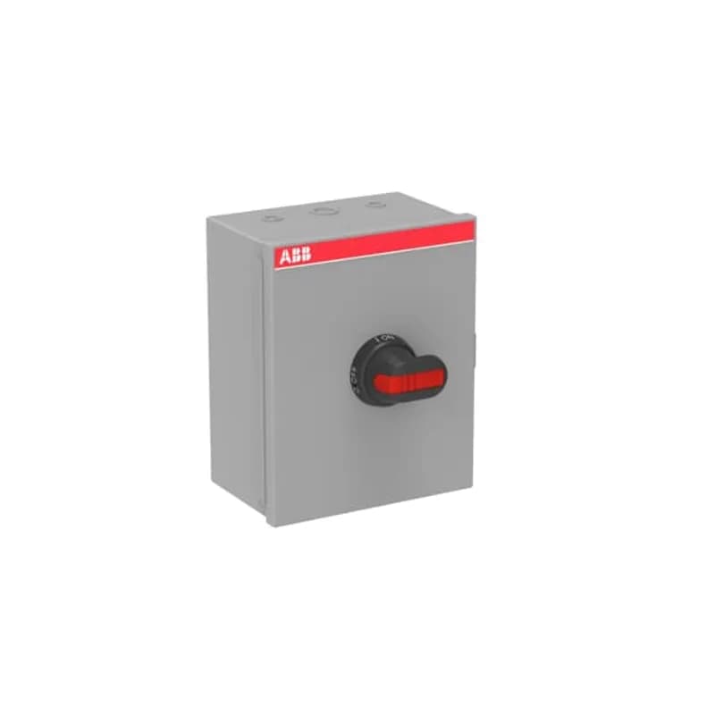Enclosed Switch Disconnector, 3-p. Max. Horse power rating at three phase 480V 50HP. General purpose current rating 100A. Steel sheet enclosure, NEMA Type 1 Indoor, Pistol handle. Interlocked cover. Defeatable interlocking.