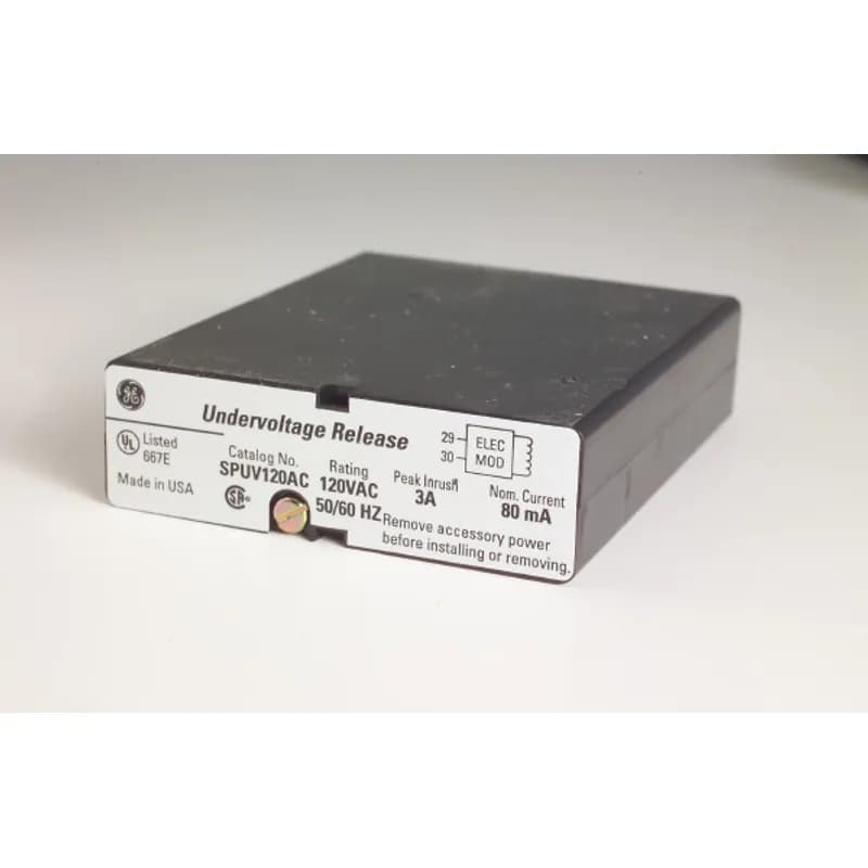ABB - Electrification SPUV048DCR - The undervoltage release is an electronic module used to open the circuit breaker when the monitored voltage drops below 35-60PERC of its rated value. The undervoltage release "resets" when the monitored voltage is re-established allowing the circuit breaker to reclose (the sealing voltage of the UVR is 60-85PERC of its rated voltage). An undervoltage release trip operation is produced by the MicroVersaTrip½ Plus unit in response to a signal from the undervoltage release module. This allows the trip unit to record, display, distinguish an d comm un icate (in MicroVer saTri p½ PM trip units) that the breaker opening event was due to undervoltage release. Operation of the undervoltage release module will prevent breaker contact closure, i.e. "kiss-free" operation. When energized, the undervoltage release supplies +24 Vdc power to the trip unit to power the display. Field installable. 8DCR Frame Rating Amps 1600