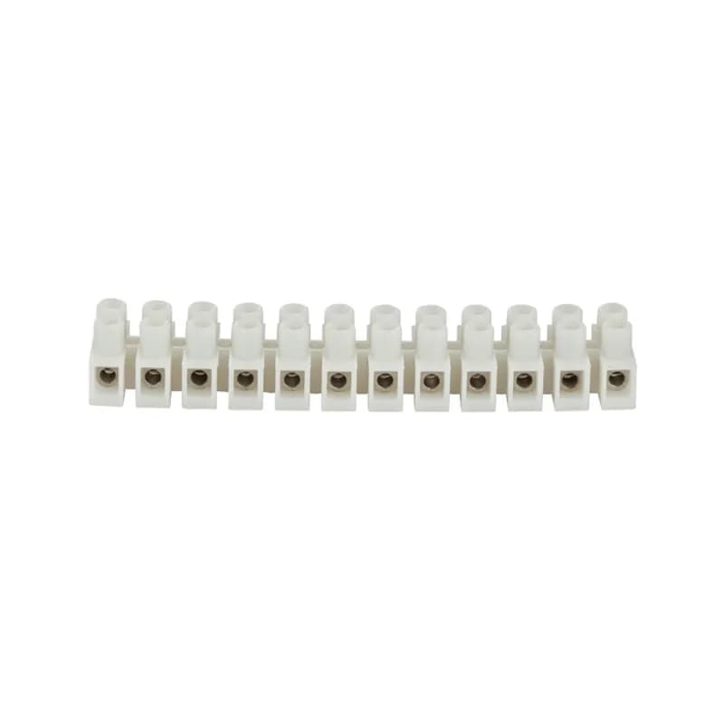 12 Circuit Insulated Terminal Block for wire range 22-12, rated RU, 20AMPS. "Touchproof" saety with recessed screws and tubular contacts. Cut into smaller sections or stack end to end. Nylon 66 housing, brass metal alloy with nickel plated terminal insert.