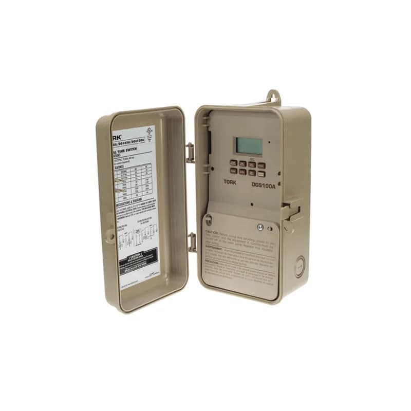 The TORK DGS100A 7-Day Holiday and Signal Cycle Digital Timer is designed for 20 amp / 120-277 volt loads and has a plastic enclosure for indoor/outdoor use. Automate your home or office to save energy and money, using the intuitive programming interface to set up to 56 different on/off times each day of the week. Designed for applications in the home, office, factory, church or school, including indoor/outdoor lighting, heaters, air conditioners, water heaters, warning signs or traffic lights