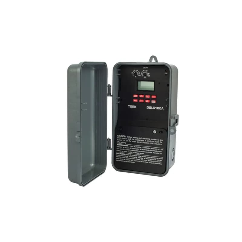 The TORK DGLC100A-NC 24-Hour/7-Day SunSet Astronomic Digital Timer is designed for 20 amp / 120-277 volt loads and has a plastic enclosure for outdoor use. Automate your home or office to save energy and money using the intuitive programming interface and light sensitive activation to activate lights or signage when the ambient light level drops below a customizable threshold. Features one output channel with automatic voltage detection. Designed for commercial applications including signage, window lights, security or parking lot lights and warehouses.